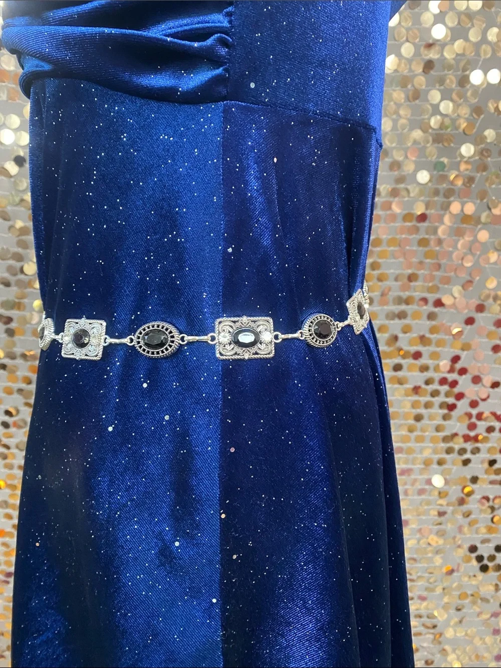 Silver tone and black chain belt #487